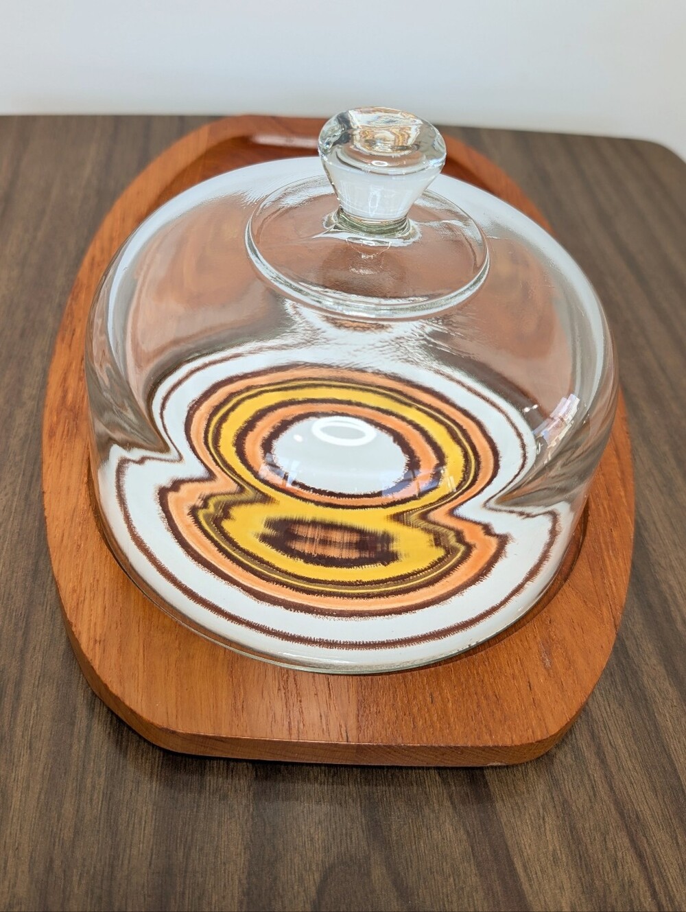 Vintage 70s Teak Wooden Cheese Board With Glass Dome & Tile Inlay Charcuterie - Picture 7 of 7
